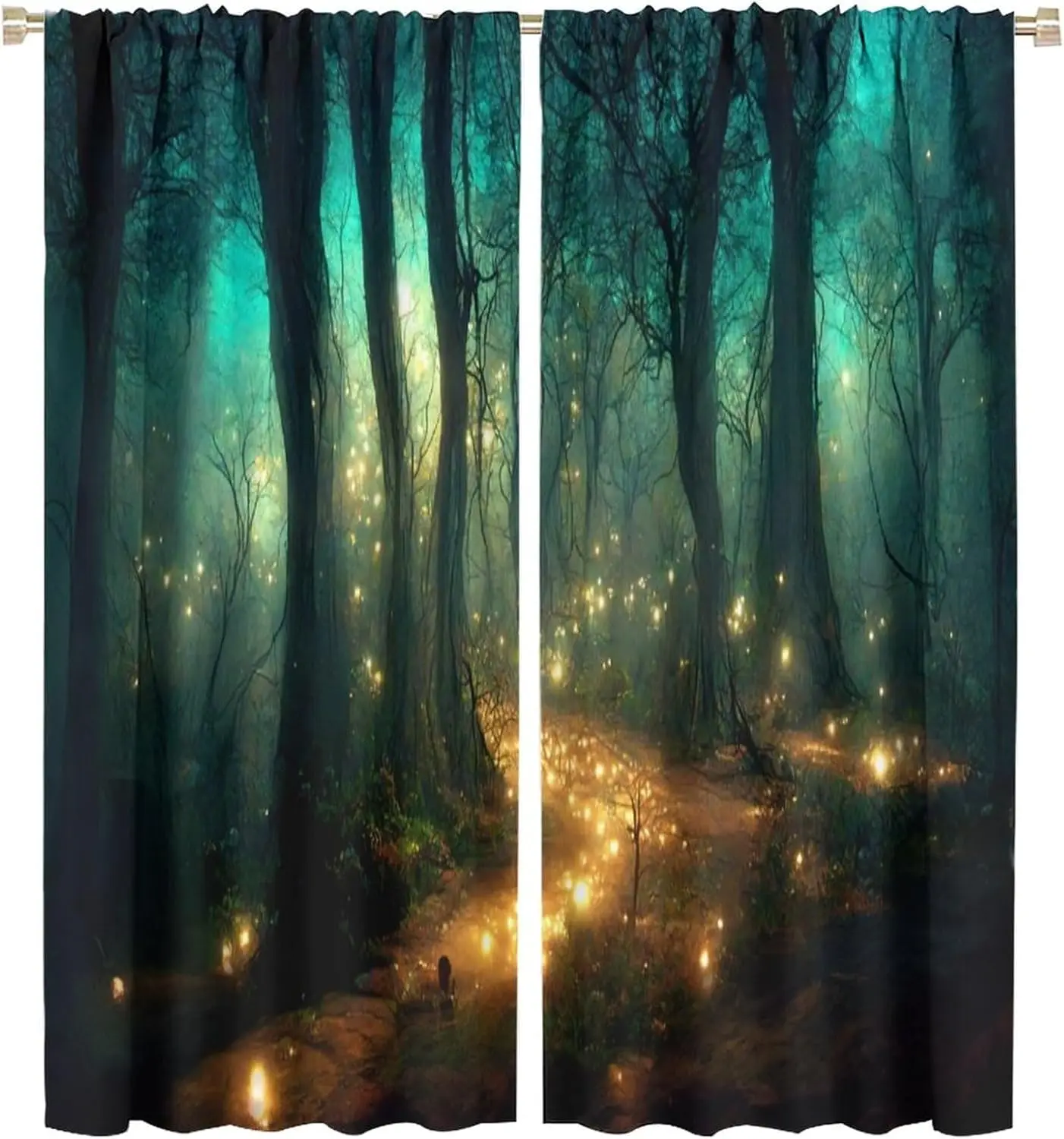Fantasy Forest Curtains, Enchanted Trees Dreamy Mist Forest Glowing Lights Landscape Window Treatments Drapes for Bedroom Living