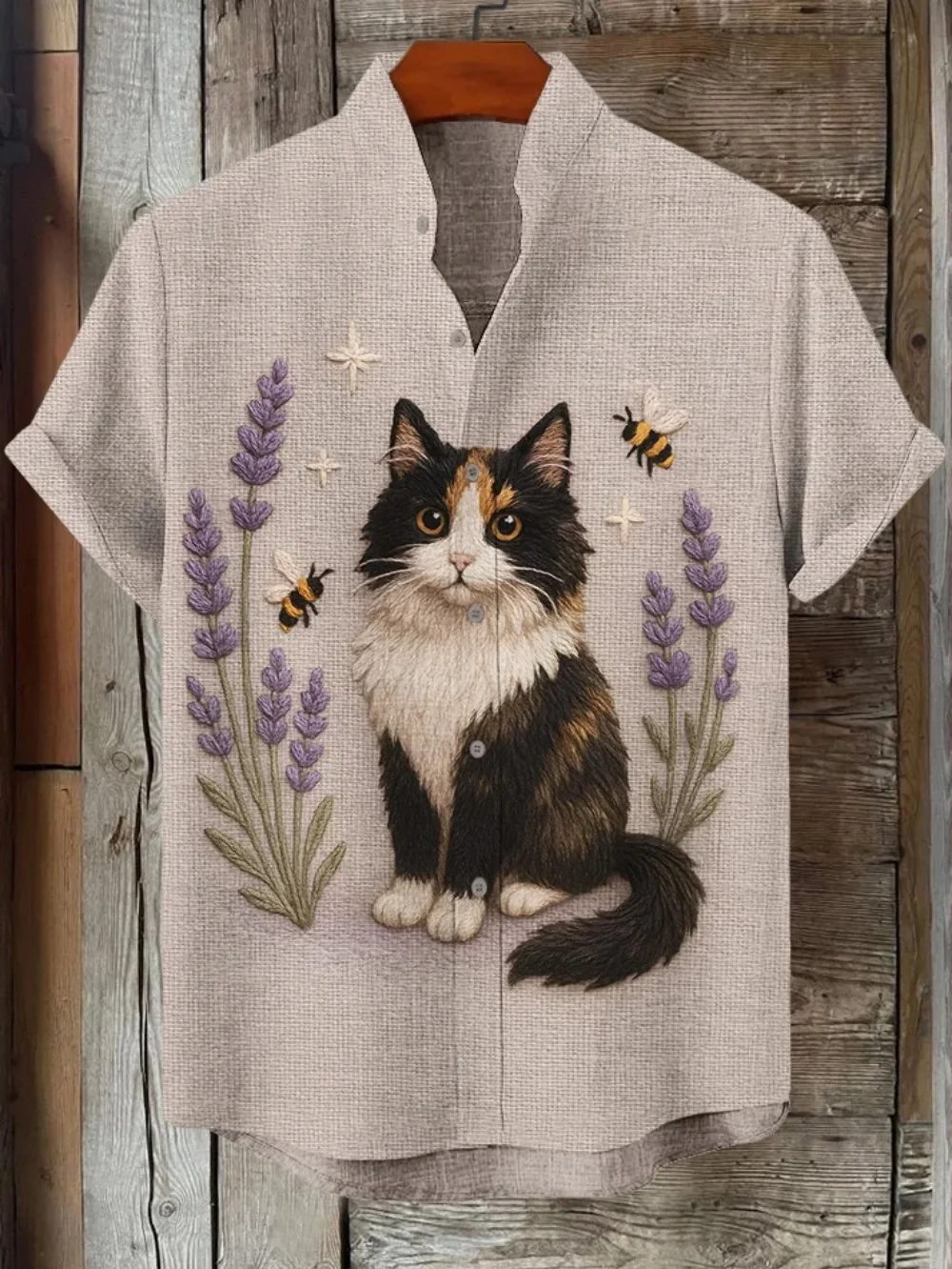 

Men's Vintage Cat Print Linen Shirt Short Sleeve Stand up Collar Button up Casual Comfortable Top for Hawaii Vacation