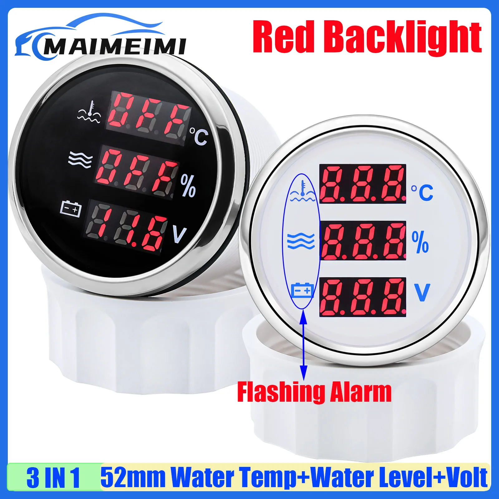 

Universal Car Digital 52mm Gauge 0-190ohm Red LED 3 IN 1 Water Temperature+Water Level+Voltage Waterproof IP67 for Boat Yacht