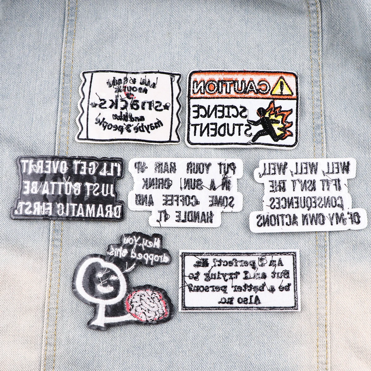 Caution Patch Funny Quotes Iron-On Patches For Clothing Stickers Snacks Embroidered Patches On Clothes DIY Clothes Stripes