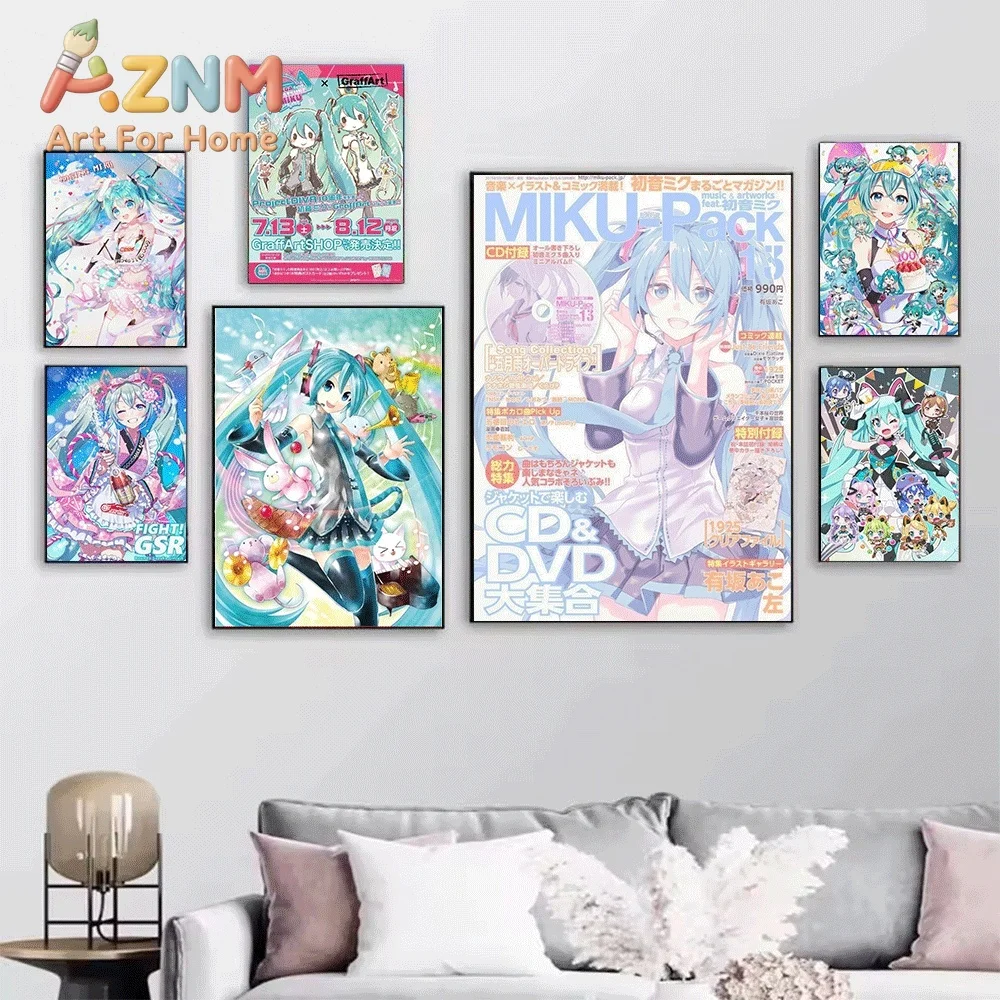 Hatsune Miku Vintage Magazine Cover Canvas Painting Frameless Wall Art Print Poster Home Bedroom Living Room Anime Wall Decor