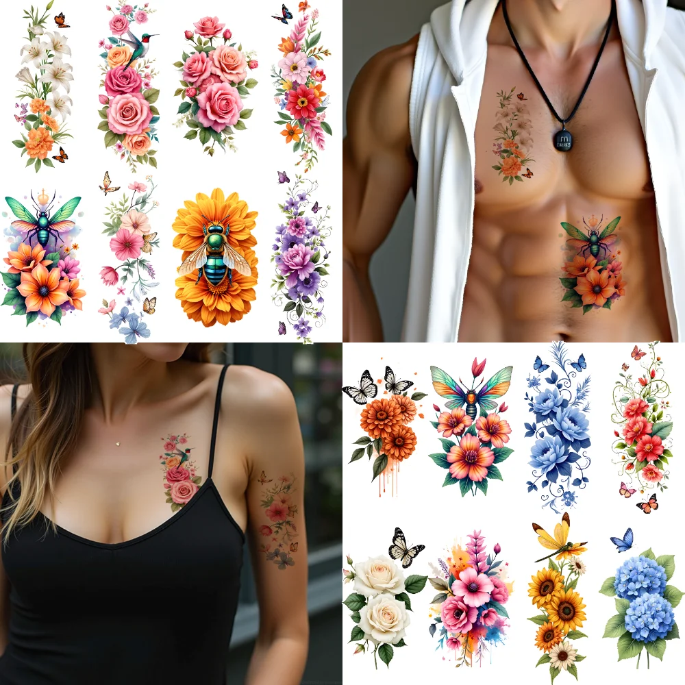 

12pcs Temporary Tattoo Floral Designs Colorful Butterfly Motif Temporary Tattoo Stickers For Adult Back Male