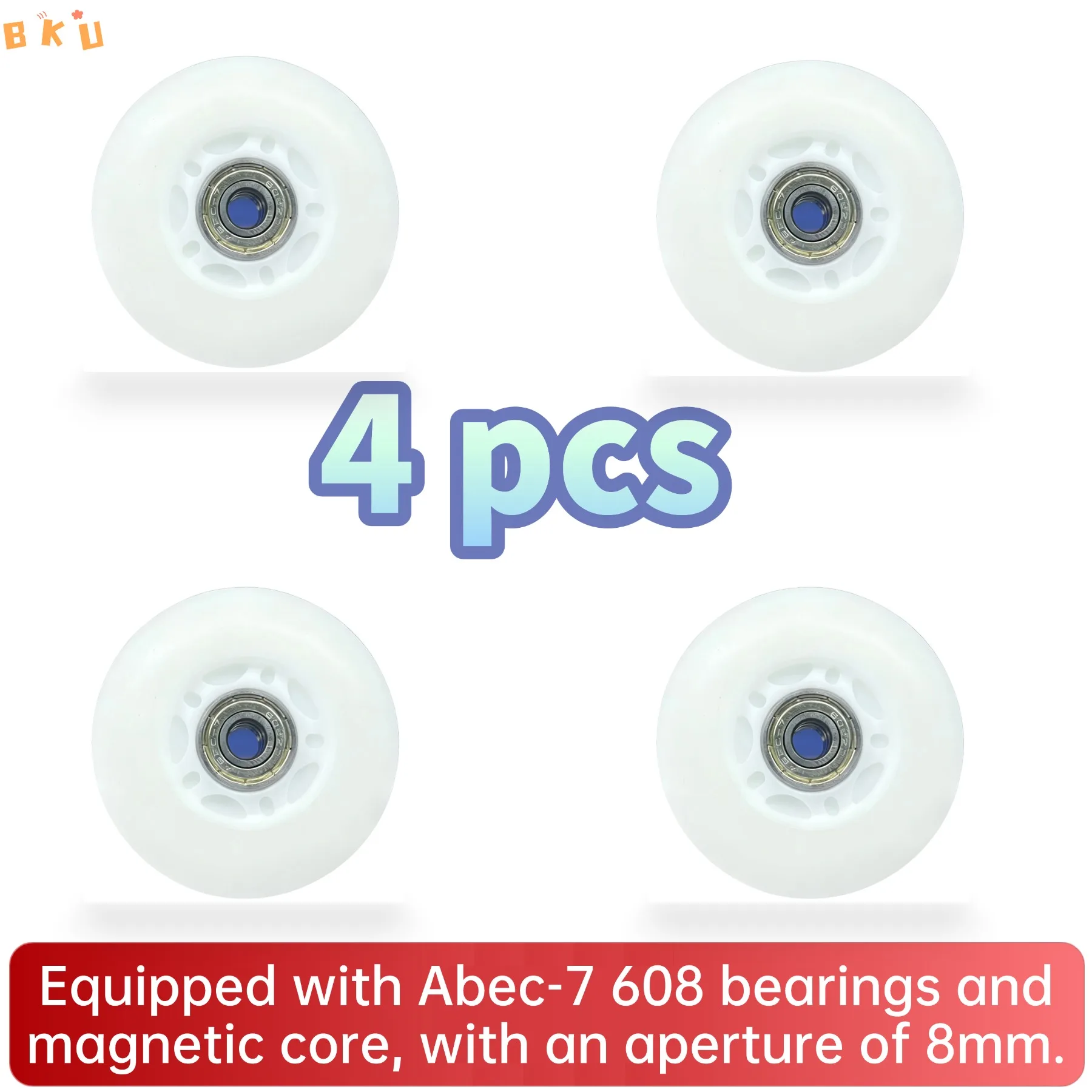 8/4/2pcs BKU 70mm Outdoor Inline Skate LED Light-Up Wheels, White PU, Quiet Durable, Fit Skates & Scooters
