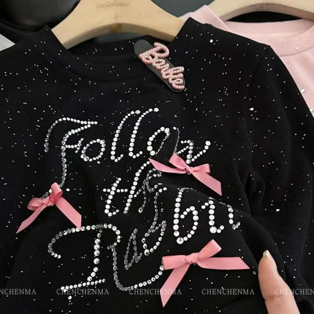 Girls' Hot Diamond Bow Long Sleeved Base Shirt Autumn 2025 New Korean Style Western-style Base Loose Top 100-150CM