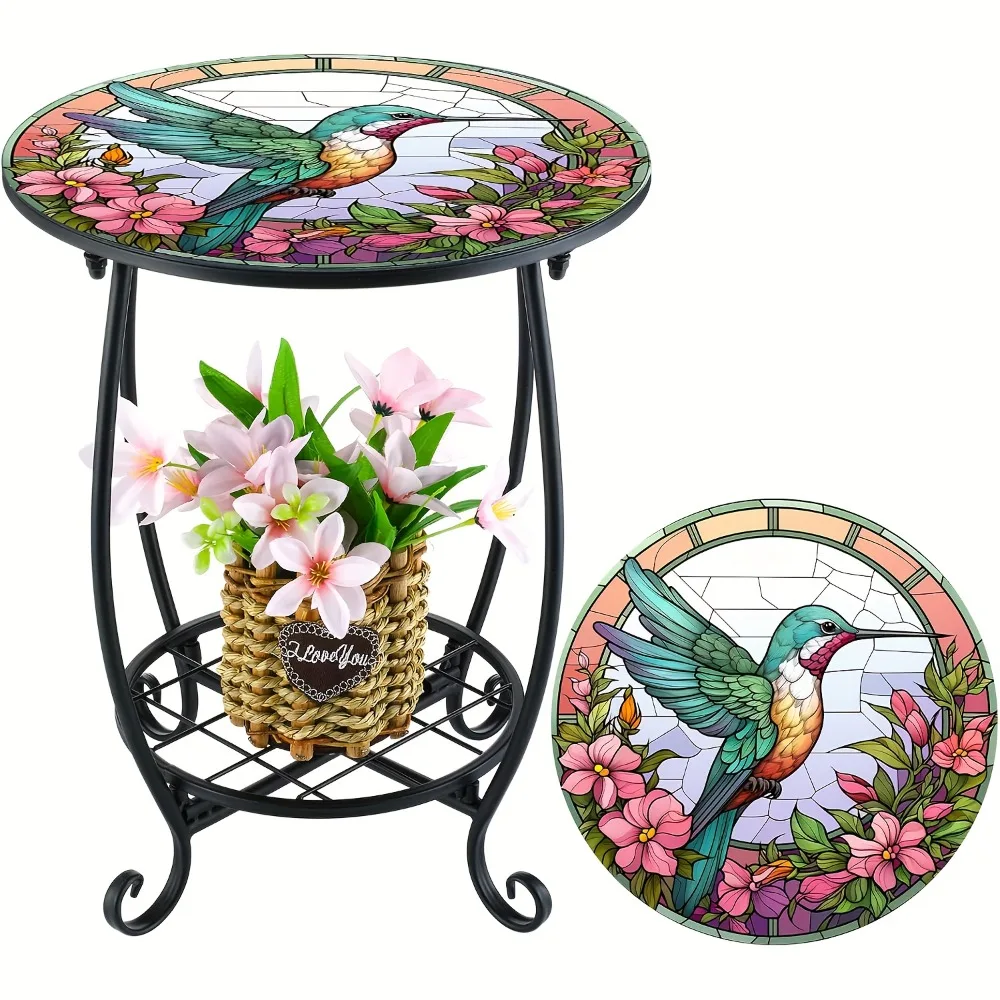 

14" Round End Table Unique Pattern Printed with Birds, Butterflies And Flowers, with A Metal Frame for Storage At The Bottom And Metal Scrollwork Accent Side Table