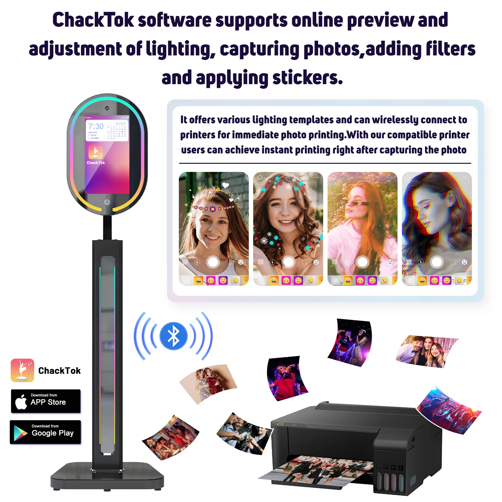 شاشة لمس كشك الصور بمرآة سحرية مع طباعة وكاميرا 1200 وات بكسل 4K عالية الدقة مع التحكم في مصدر تطبيق البرمجيات