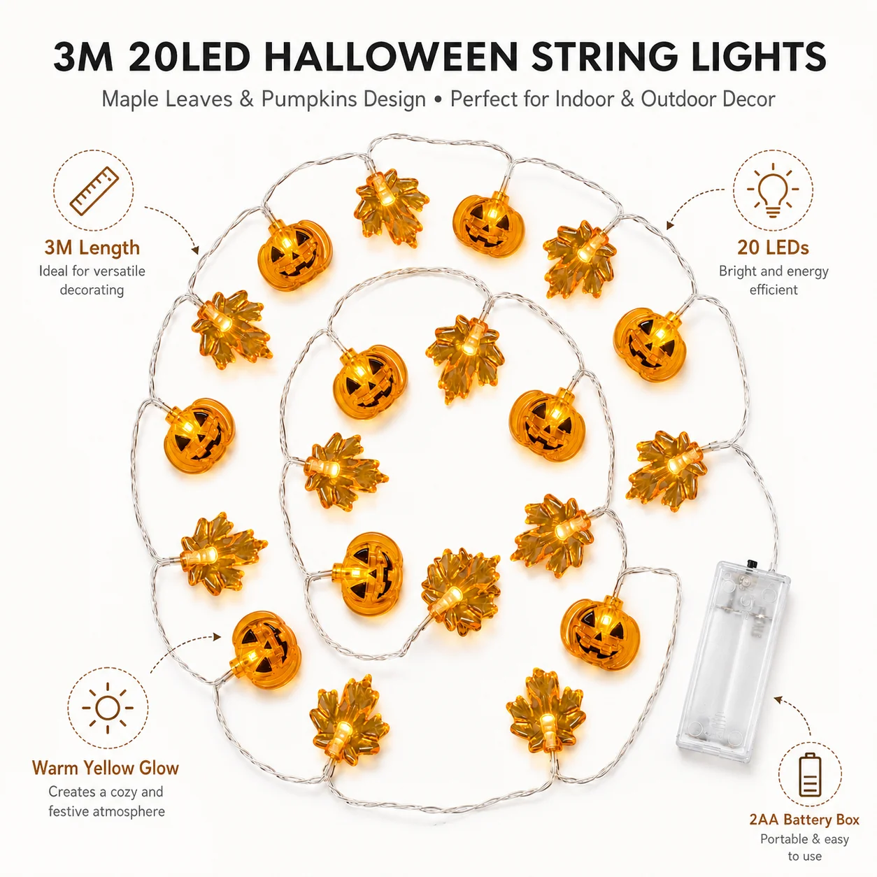 1PC Fall Harvest Pumpkin Maple Leaf String Lights Battery Operated Warm Orange LED Fairy Lamp for Thanksgiving Halloween Decor