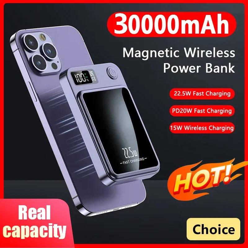 

Power Bank 30000mAh Magnetic Wireless 22.5W Fast Charging External Battery Charger for Huawei Samsung iPhone 12 PD 20W Powerbank