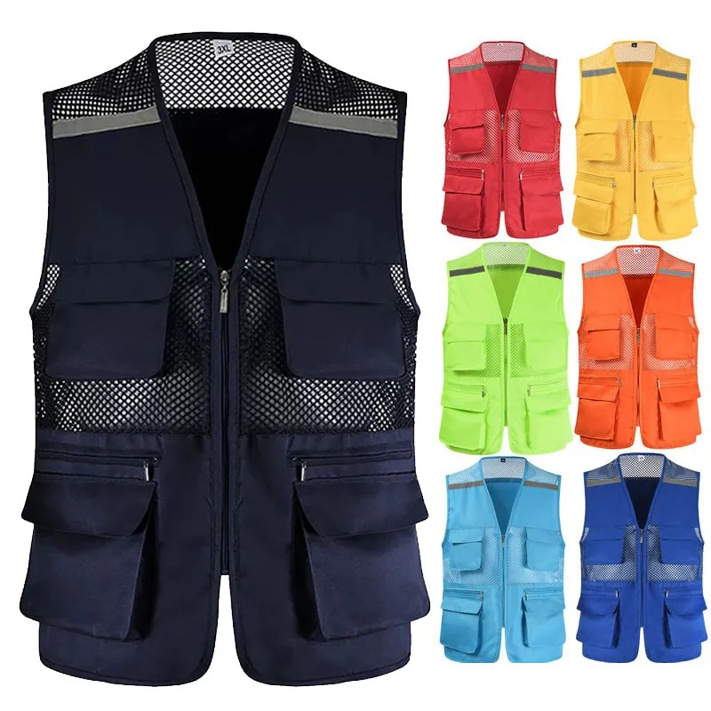 Lightweight Outdoor Work Mesh Zip Vest with Reflective Strips Safety Vest Work Uniform Photography Vest Summer