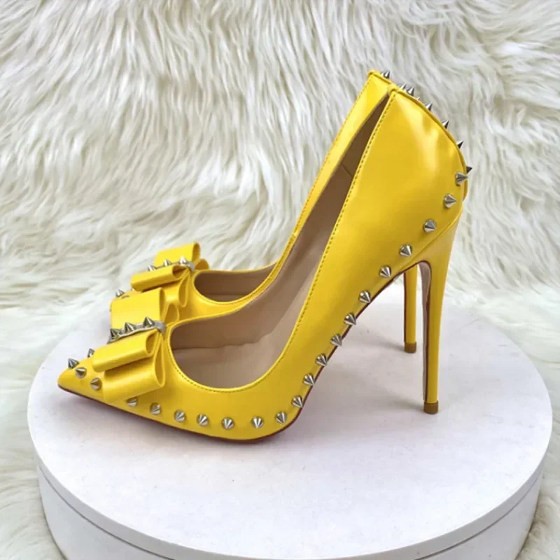 Office Career Women Pumps PU 12CM Stiletto 2023 New Butterfly Rivet Pointed Shallow Mouth Single Shoe Woman Shoe Yellow