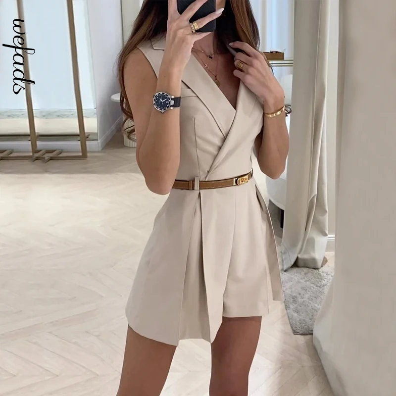 

Wefads Women Jumpsuit Summer Office Stylish Casual Lapel Sleeveless Solid With Belt Pleated Short Romper Set High Streetwear