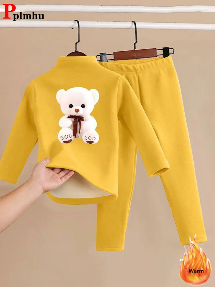 Children Velveteen Underwear Suit Winter Warm Bear Print Long Sleeve Tops Conjuntos Boys/Girls Leggings Pants 2 Piece Sets