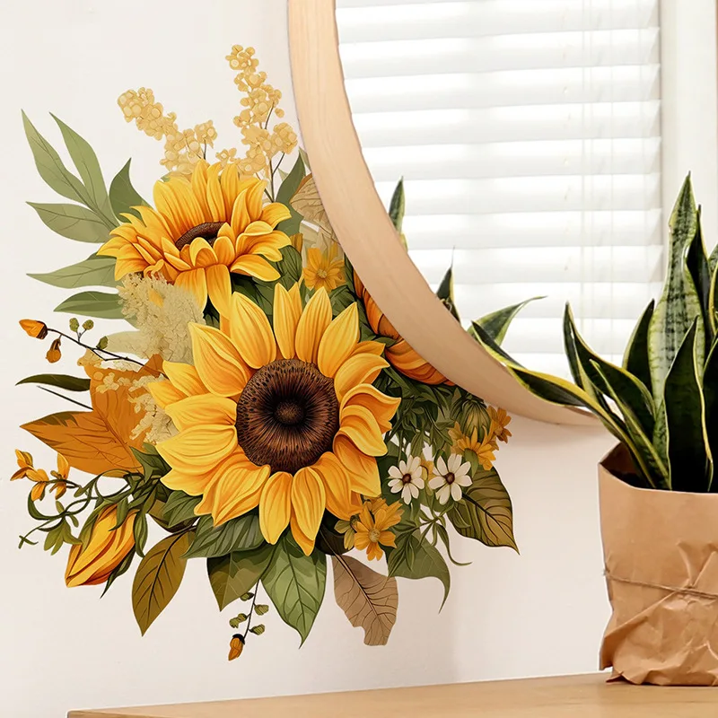 Romantic Sunflower Bouquet Bedroom Bedside Porch Home Decoration Sticker Self-adhesive Removable and Beautifying Wall Sticker