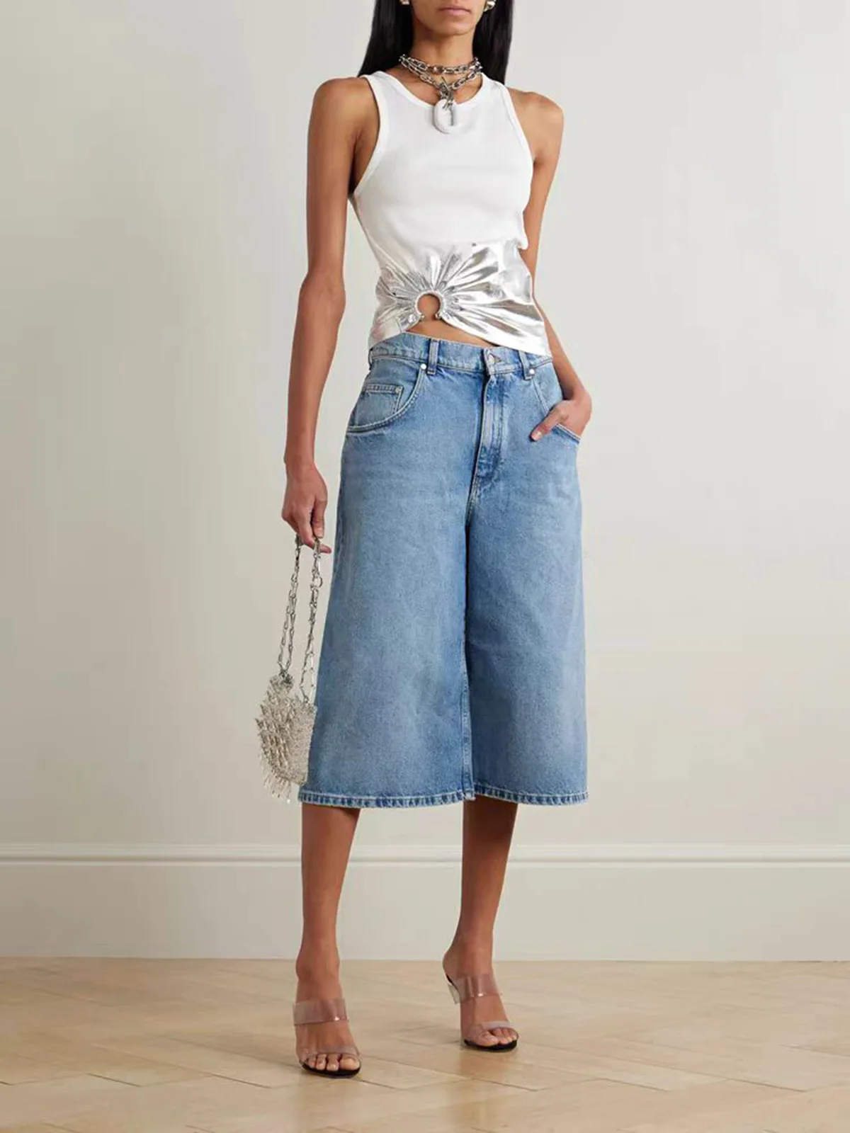 여성용 봄 여름 조끼, 락걸 메탈 버클 밑단, 내추럴 플리츠, 실버 페인트 코팅 실, 탄성 탱크 여성 조끼