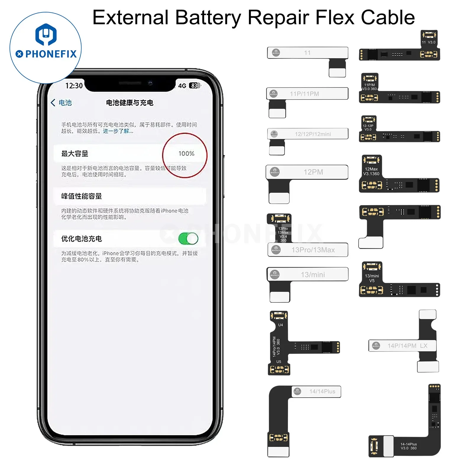 PHONEFIX Cavo tag-on per riparazione batteria esterna per iPhone 11-15PM Nessuna batteria richiesta Avvio Nessun dispositivo Cambia batteria Salute