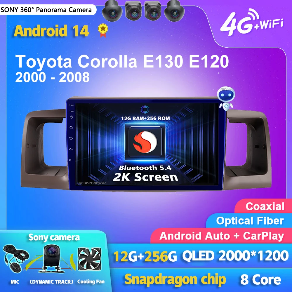 

Android 14 Carplay Auto 2K Ekran Samochodowe Radio Multimedialne Dla Toyota Corolla E130 E120 2000-2006 WIFI + 4G Autoradio Stereo Head Unit