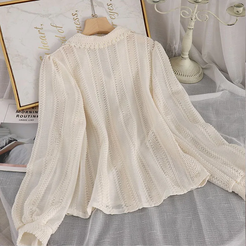 Spring Elegant Lace Blouses Women New 2024 Hollow Out Peter Pan Collar Tops Fashion Office Ladies Long Sleeves Solid Shirt 14562