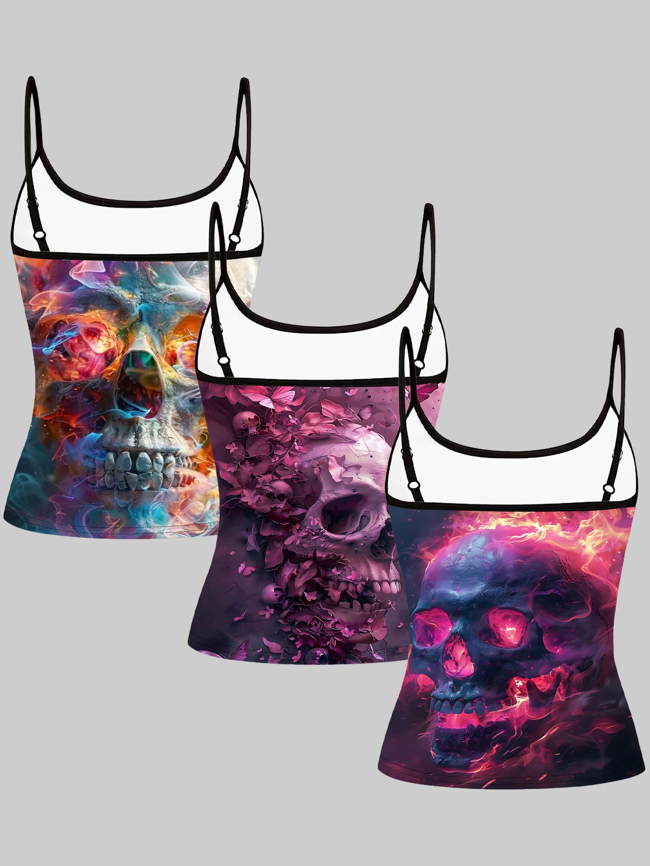 3-Piece Floral Flame Skull Print Camisole for Women, Subculture Sweet Cool Dark Y2K Slim Fit Sleeveless Spicy Girl Inner Top