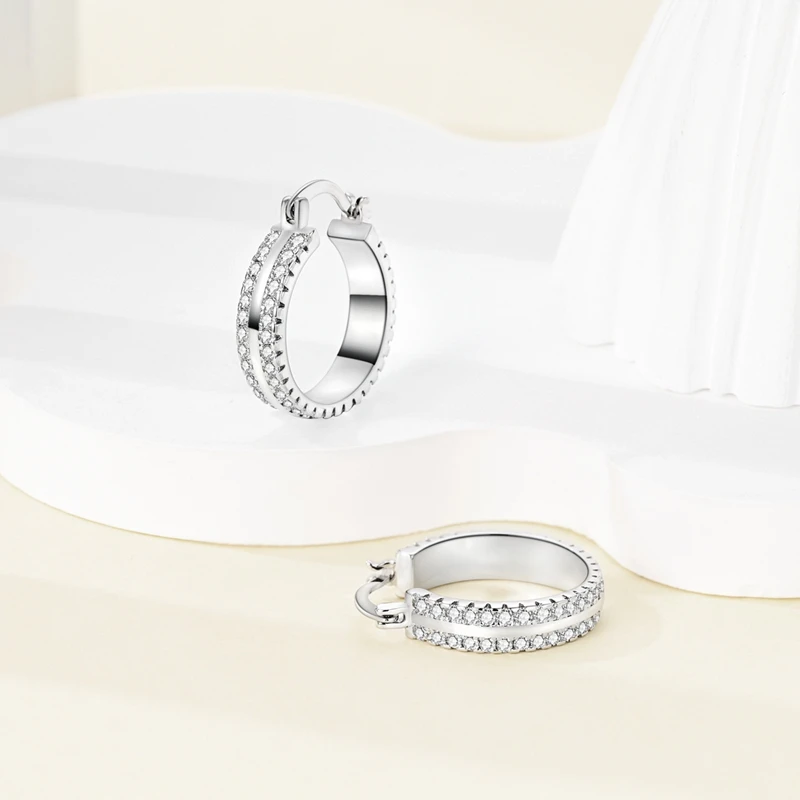 Kolczyki damskie ze srebra próby 925, błyszczące, dwurzędowe kolczyki koła z cyrkoniami, idealne na rocznicę, ślub, jako prezent jubilerski.