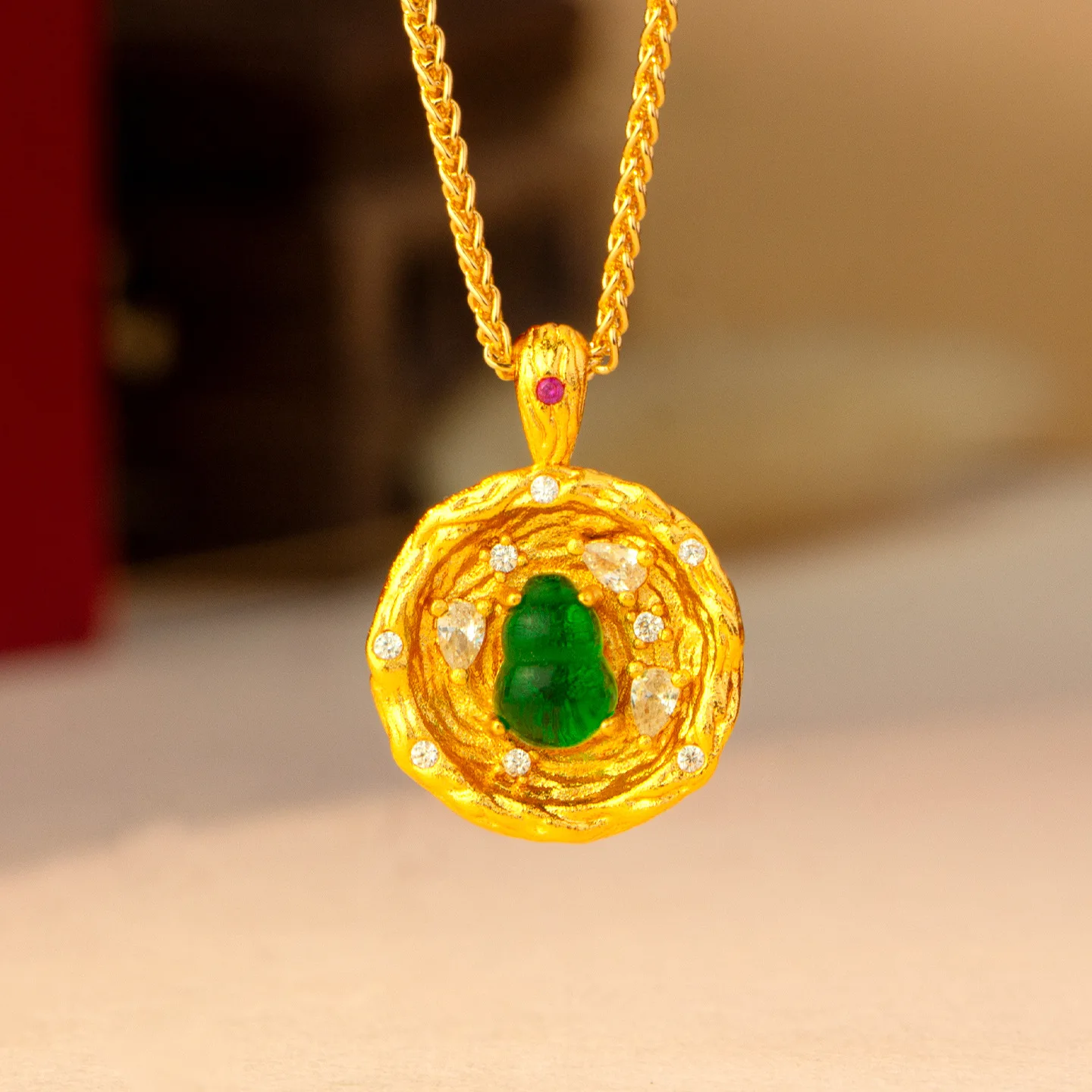 women diamond wealth basin green stone gourd gold pendant made of 24K pure gold AU999 brings stable protective luck for ladies