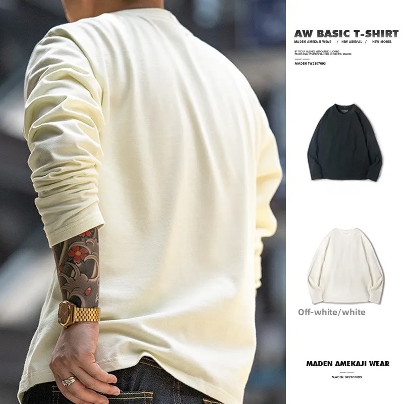 

Мужская модная осенняя повседневная свободная футболка Maden Long Sleeve из хлопка 300 г с круглым вырезом и принтом в американском стиле