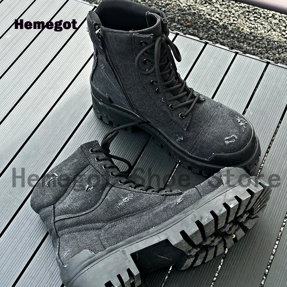 

Black Grey Denim Men's Boots Designer Stylish Lace-Up Booties Males High-Top Wear-Resistant Luxurious Handmade Men's Shoes