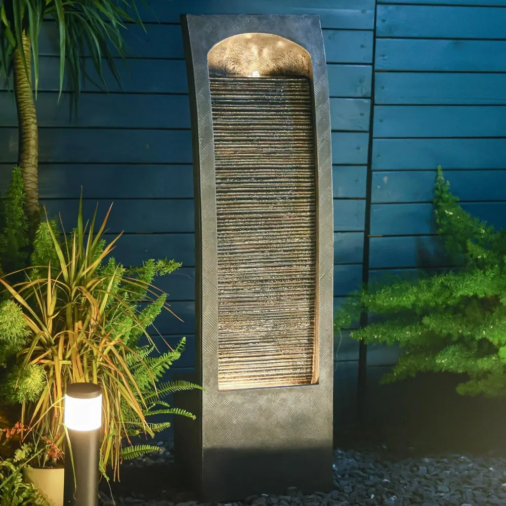 

Indoor Water Fountain Modern Curved Faux Slate Waterfall Fountain with LED Lighting 42.5 Inch Tall Tiered Waterfall, Customized