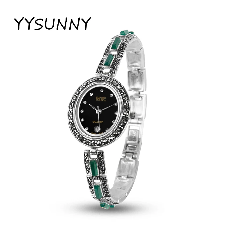 

YYSUNNY Women's Fashion Oval Watch Vintage S925 Sterling Silver Bracelet Inlaid with Green Onyx Elegant Jewelry Birthday Gift