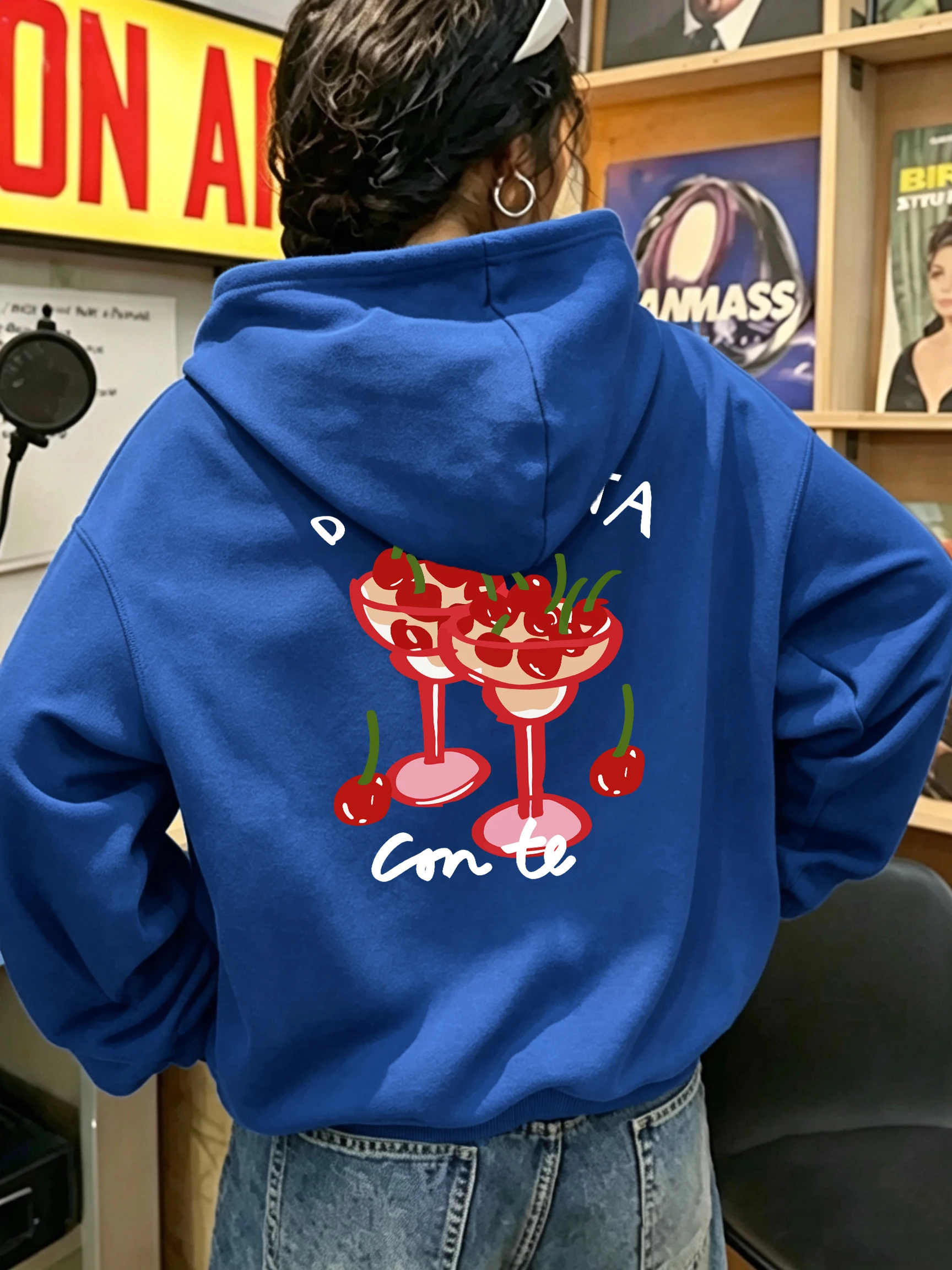 Dolcevita Cherry Wine Pattern Casual Loose Pullovers Women Hip Hop Comfy Hoodies O-Neck All-Match Hoody Autumn Fleece Clothes