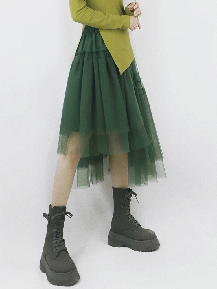 [EAM] High Elastic Waist Dark Green Irregular Hem Elegant Half-body Skirt Women Fashion Tide New Spring Autumn 2024 1DH7761