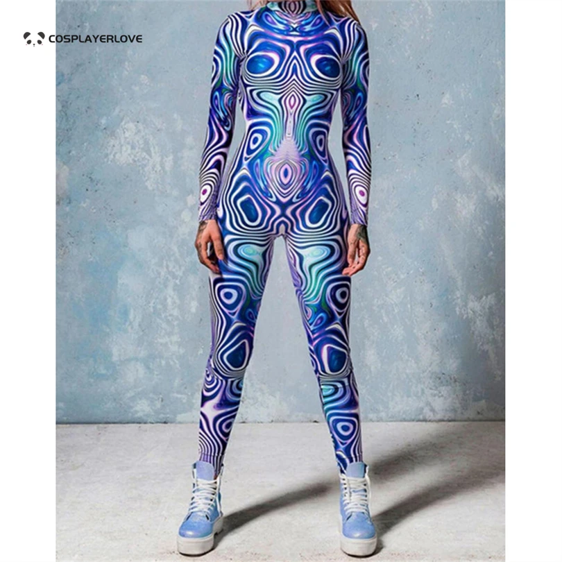 Costume de Cosplay Clown Bleu Violet pour Femme, Combinaison d'Halloween Sexy, Imprimé en 3D, Carnaval, Zentai, Batterie, Tenue Féminine