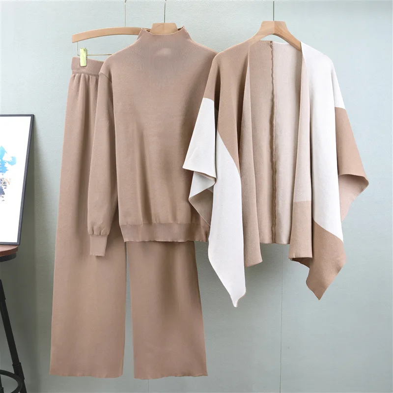 2025 Autumn Winter New European American Fashion Knitted Color Matching Shawl Wide-leg Pants Three-piece Sets Temperament Outfit