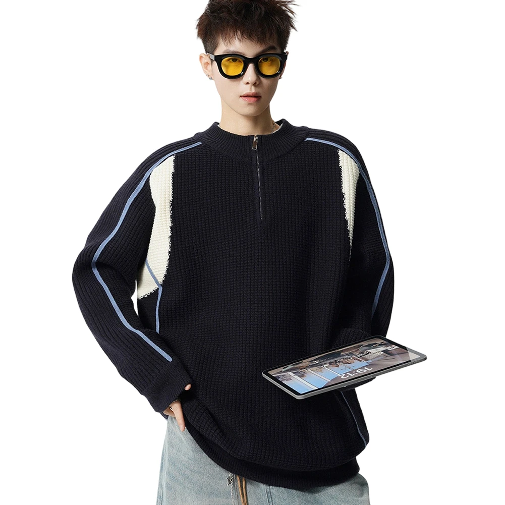 

Men's Sweater Mesh Half-Zip Design Warm Knitted Contrast Color Long Sleeve Tops