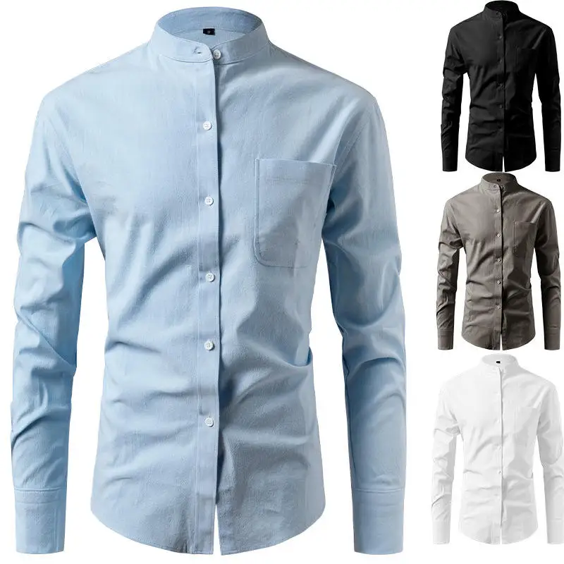 

New Men's Casual Cotton Linen irt Long Sve Stand Collar Faionable Trendy Sle Daily Wear Comfortable Non-iron Treaent