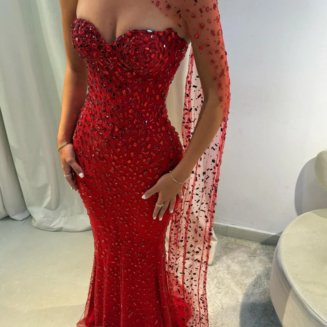 Sansa Abiti da ballo senza maniche con glitter a sirena rossa personalizzati squisiti con scialle Abiti da sera lunghi fino al pavimento da sera formale