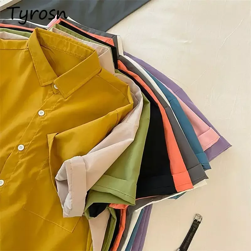 Causal Short Sleeve Shirts Women 10 Pure Colors Fashion Summer Simple Breathable Vintage Classical High Street Dance Japanese