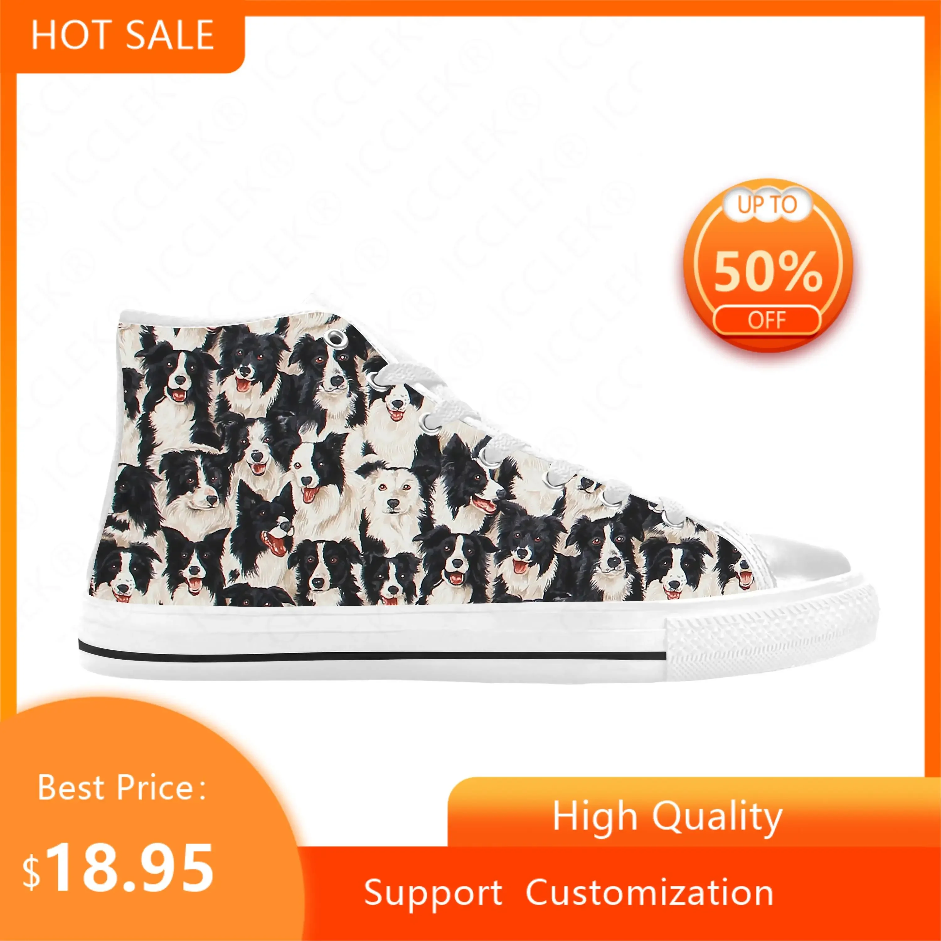 Border Collie Collies Hond Dier Patroon Cartoon Casual Doek Schoenen Hoge Top Comfortabele Ademende 3d Print Heren Dames Sneakers