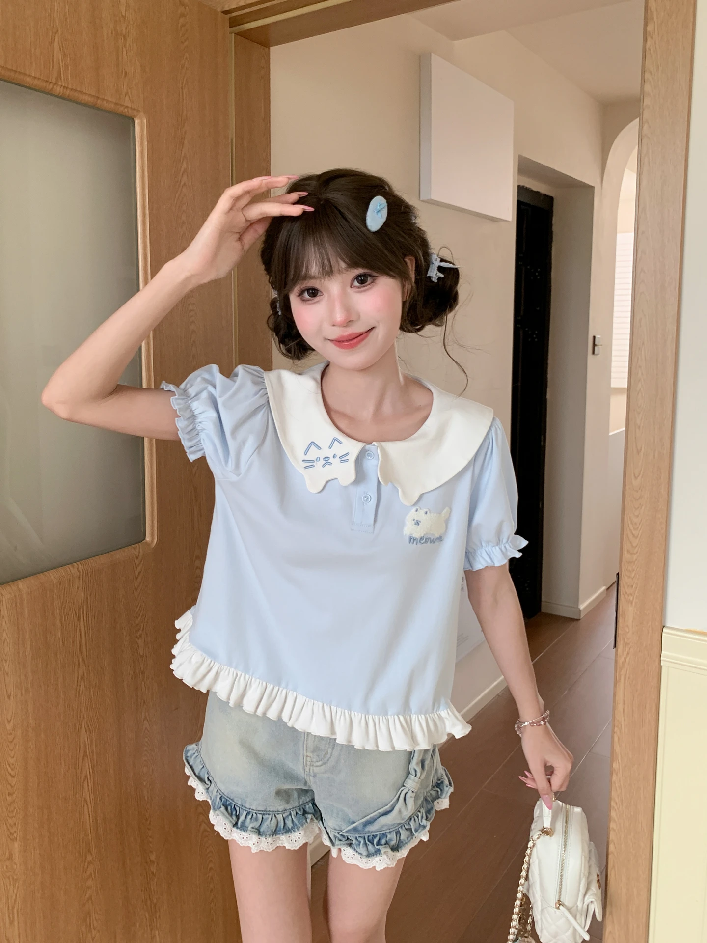 Cute Short Sleeve Embroidered T-Shirt Summer Cotton Polyester Blend Bubble Sleeve High Waist round Neck Short Length Women's Top