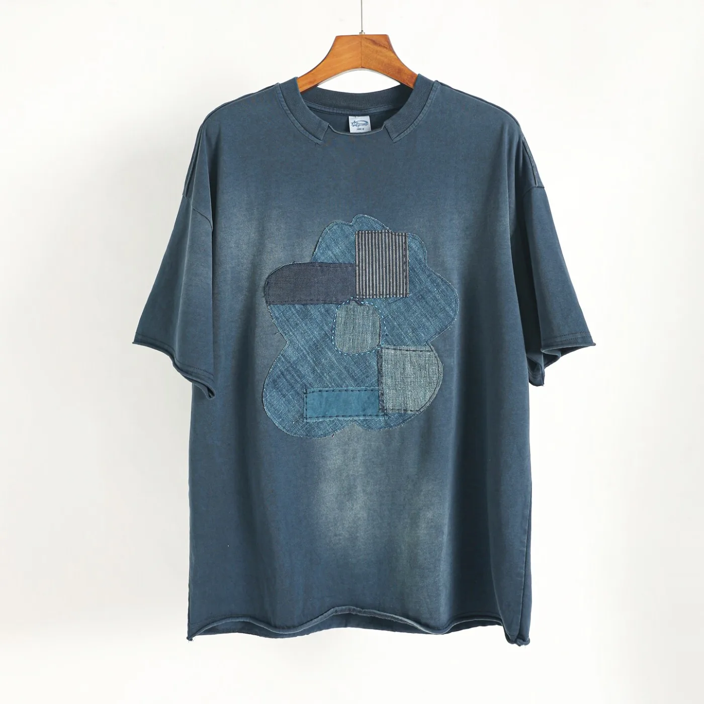 Japanese Retro Blue Dyed Fabric Patchwork Vintage Short Sleeved Summer Original Design Casual