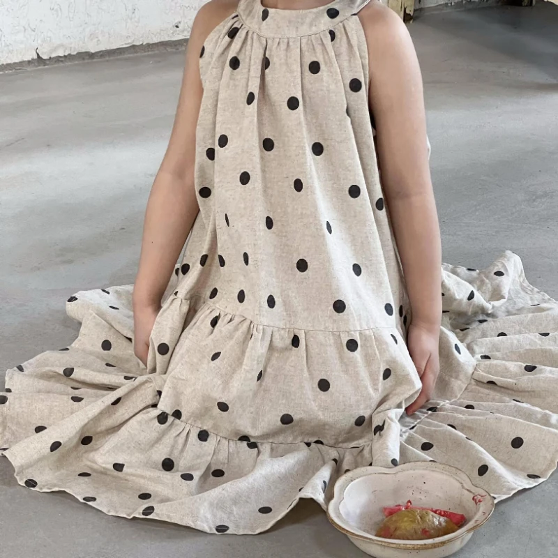 Girls Dress Korean Children Wear 2024 Summer New Fashionable Dress Polka Dot Sleeveless Cotton Linen Casual Simple Kids Dress