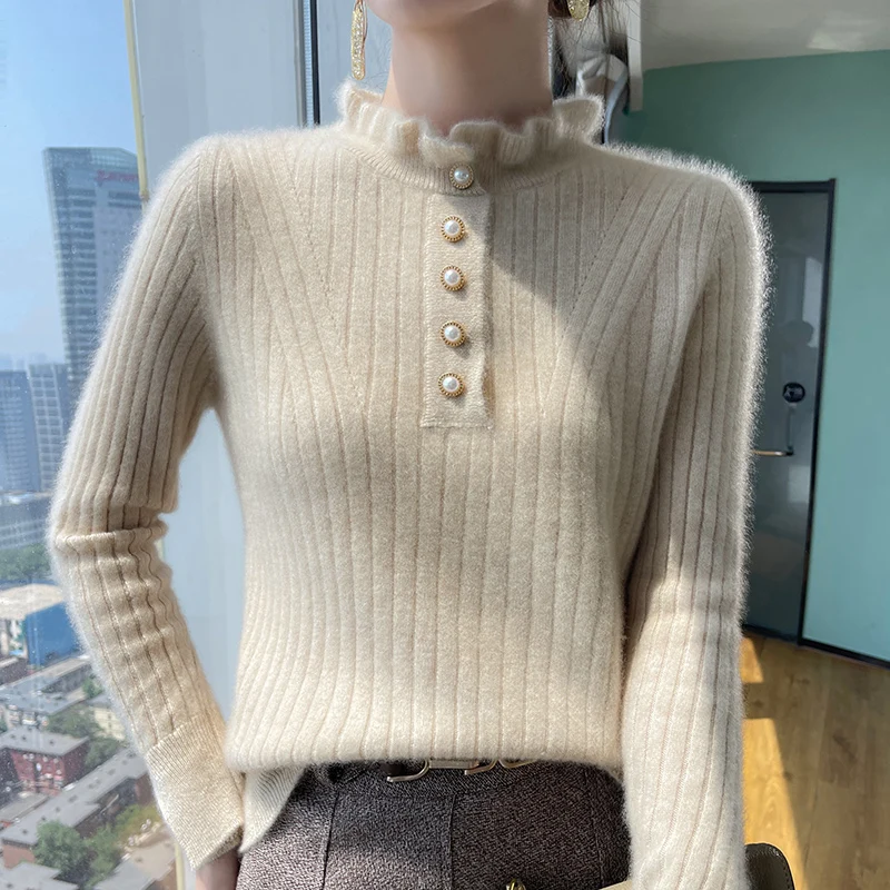 

100% Pure Wool Sweater With Female Fungus Collar In Autumn And Winter, New Knitted Slim Bottoming With Cashmere Sweater Inside.