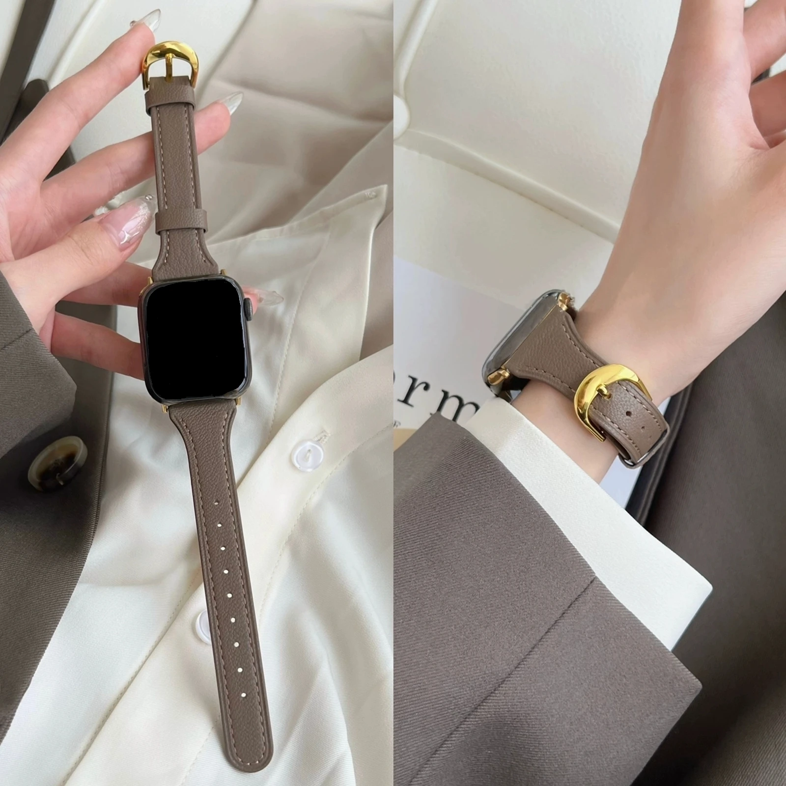 

Leather loop For Apple Watch band Thin women Series Ultra 10/9/8/7/6 38mm 40mm 41mm 42mm 44mm 45mm 46mm Strap