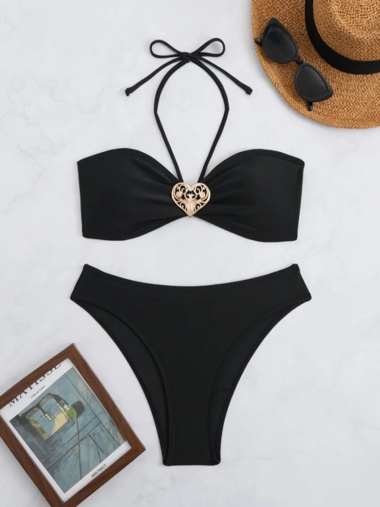 2025 Frauen Sexy Herz Druck Bikini Set Halter Push-Up Hohe Taille Badeanzug Schwarz Plissee Designer Badeanzug Urlaub Bademode