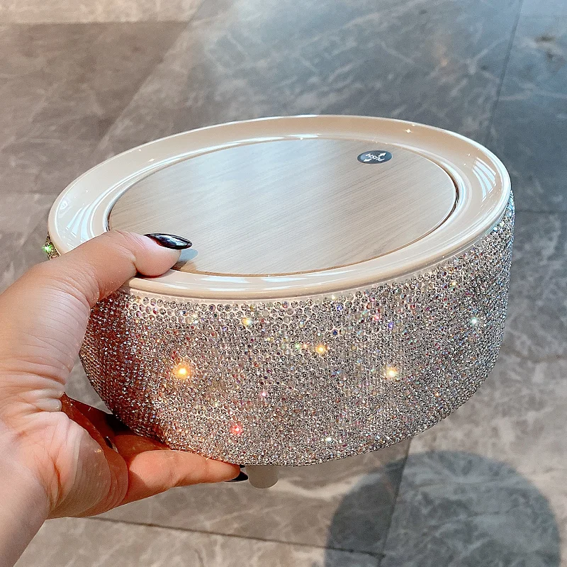 Mini Waste Bin Desktop Storage Box with Rhinestones Home Garbage Basket Container Table Trash Can Cleaning Barrel Desk Organizer