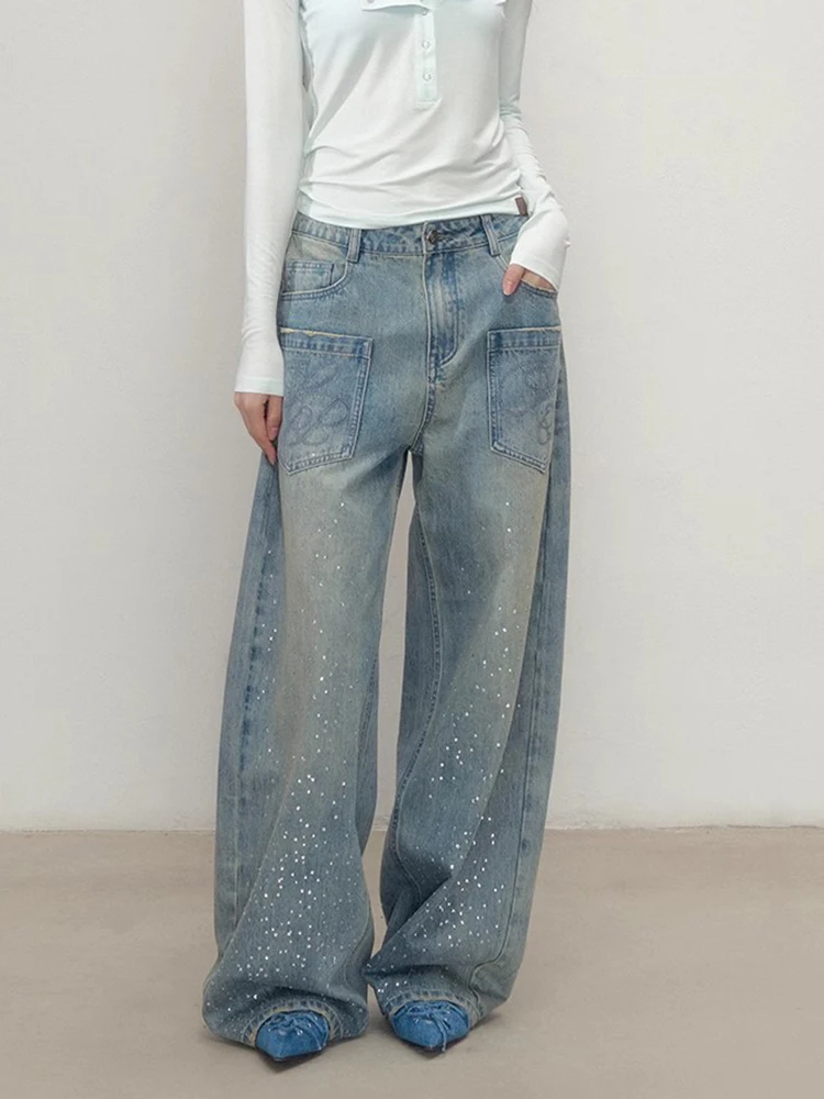 

Fashion Embroidery Jeans For Women 2025 Retro Denim Mopping Trousers Korean Style High Street Loose Hip Hop Wide-leg Jean Pants