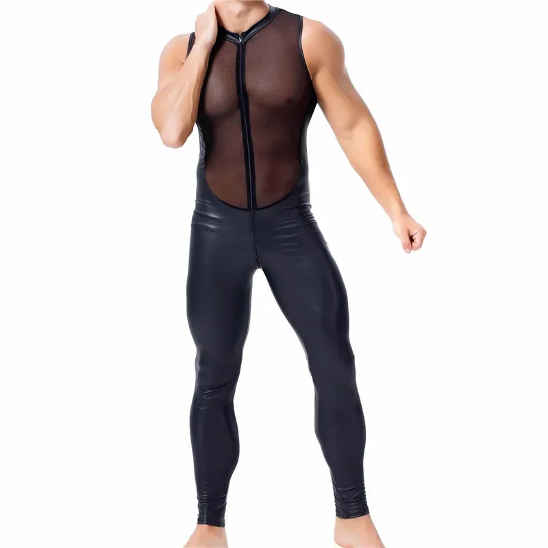 Sexy Mens PU Leather Jumpsuit Male Sleeveless One-piece Faux Leather Bodysuit Stage Men\'s Leotard Wrestling Singlet Men Clubwear