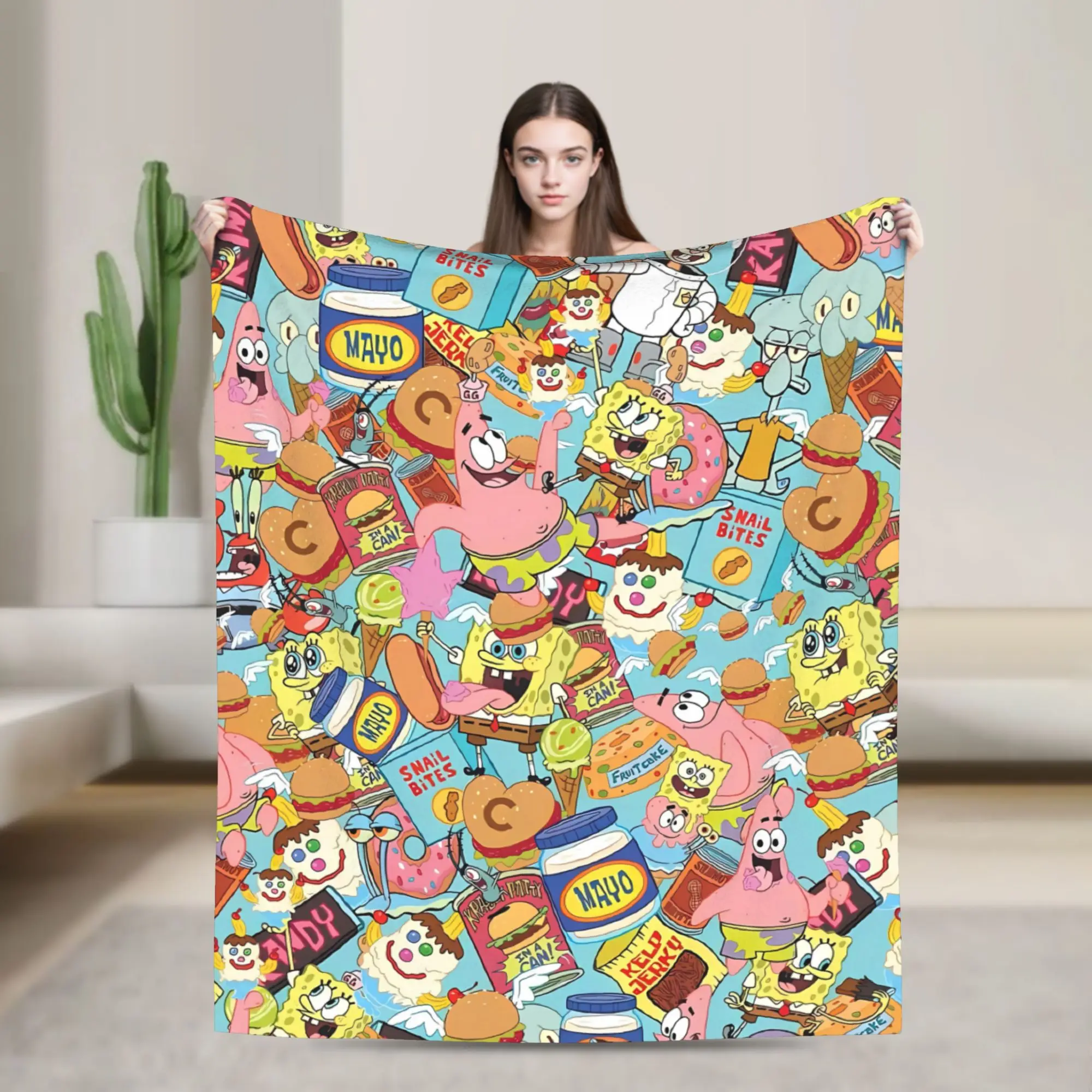 SpongeBobs Mixed All Character Chaos Mash Plush Blanket Kids  Flannel Throw Blanket For Outdoor Soft Quality Bedspread Gift Idea