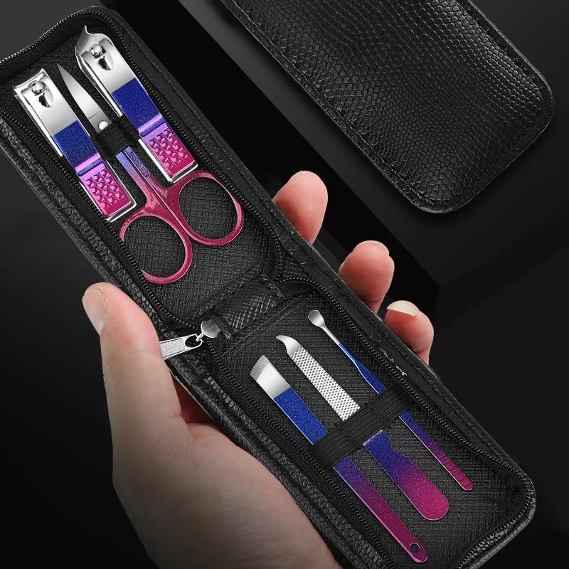 6 in 1 สีม่วง-สีฟ้าGradientเล็บGrooming Kitชุด,เครื่องมือเล็บสีดํากระเป๋าเดินทาง,กระเป๋าซิปกรรไกรเล็บ,Travel Manicur