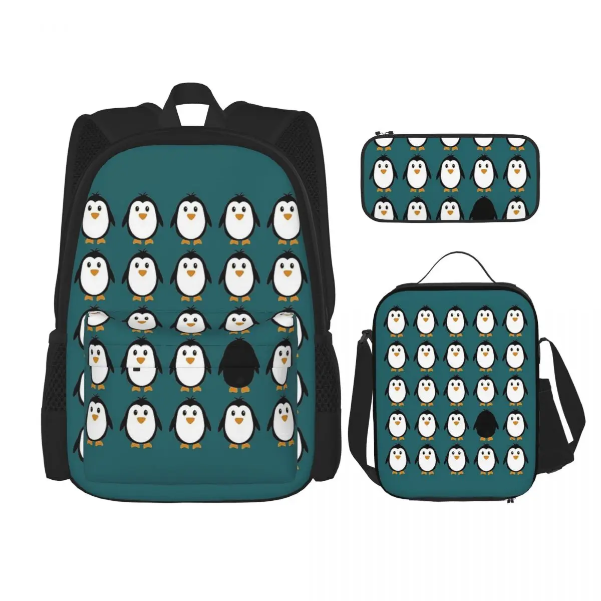 

Penguin Colony Backpacks Boys Girls Bookbag Students School Bags Cartoon Kids Rucksack Lunch Bag Pen Bag Three-Piece Set