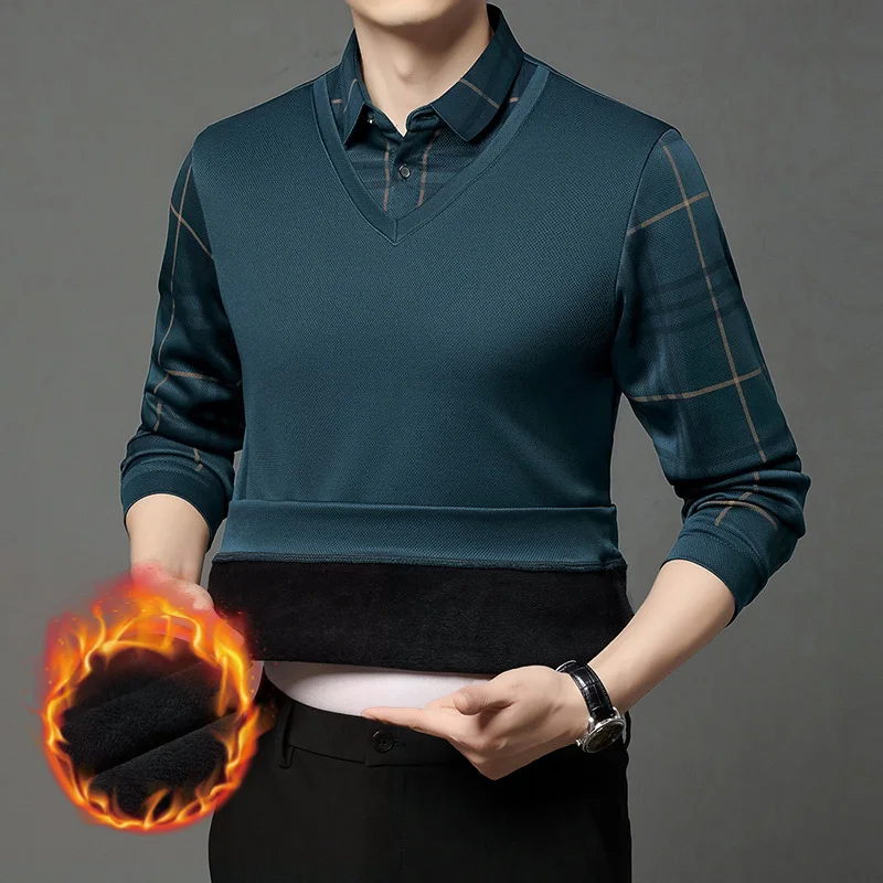 

Middle-aged Fake Two-piece Velvet Thickened Bottoming Shirt Men's Middle-aged Shirt Collar Warm Top Casual Wear